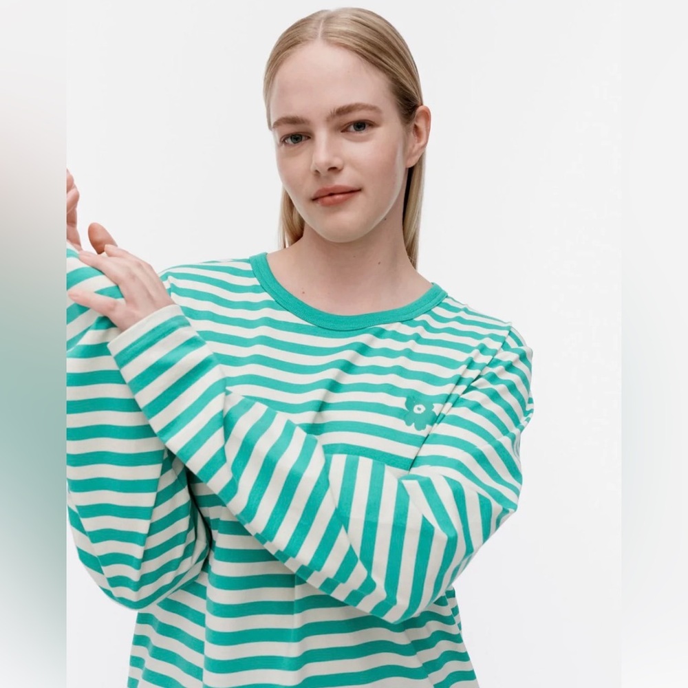 NWT Marimekko Teal & White Striped Crewneck Tee - Size Small
